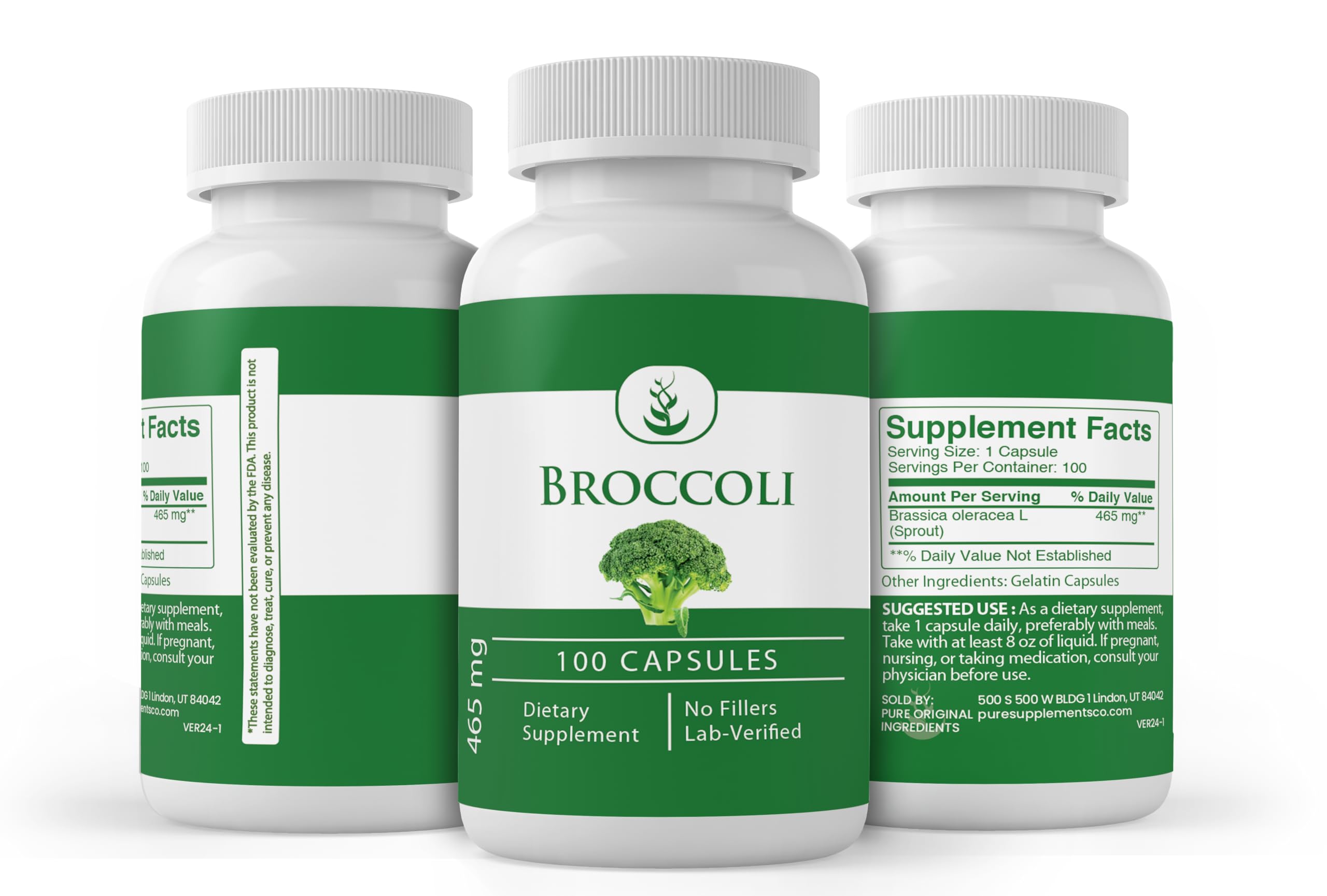 Pure Original Ingredients broccoli extract capsules packaging box front conveys minimalist, additive-free branding
