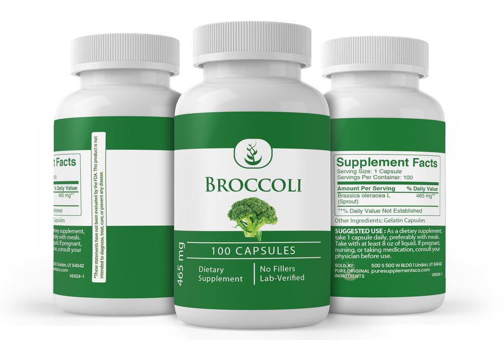 Pure Original Ingredients broccoli extract capsules packaging box front conveys minimalist, additive-free branding
