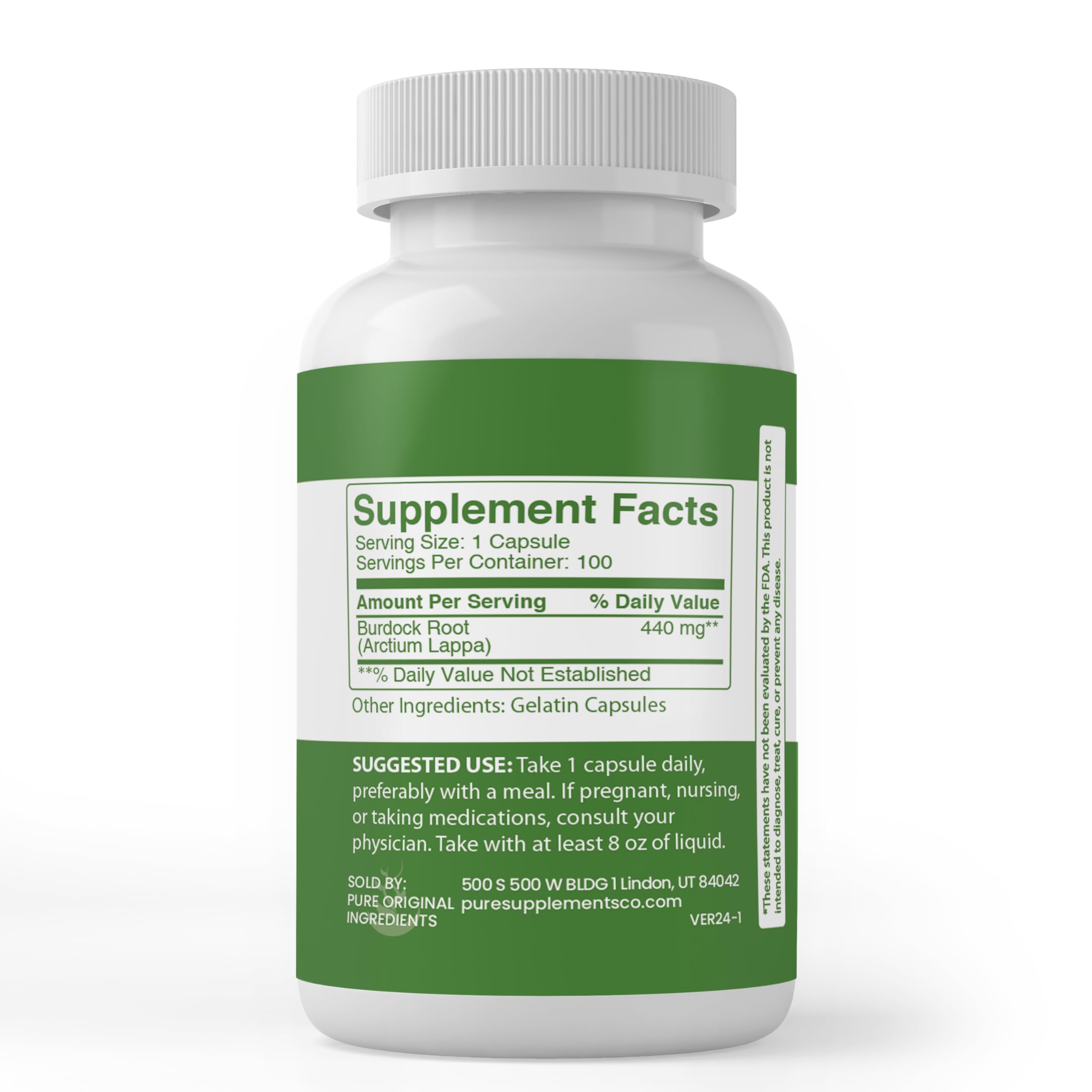 Pure Original Ingredients Burdock Root capsules with lab-verified seal indicating quality.