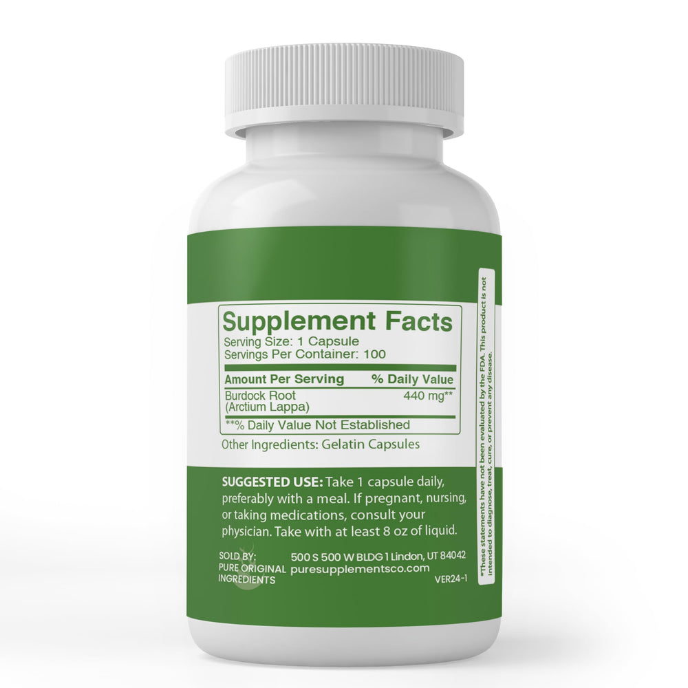 Pure Original Ingredients Burdock Root capsules with lab-verified seal indicating quality.