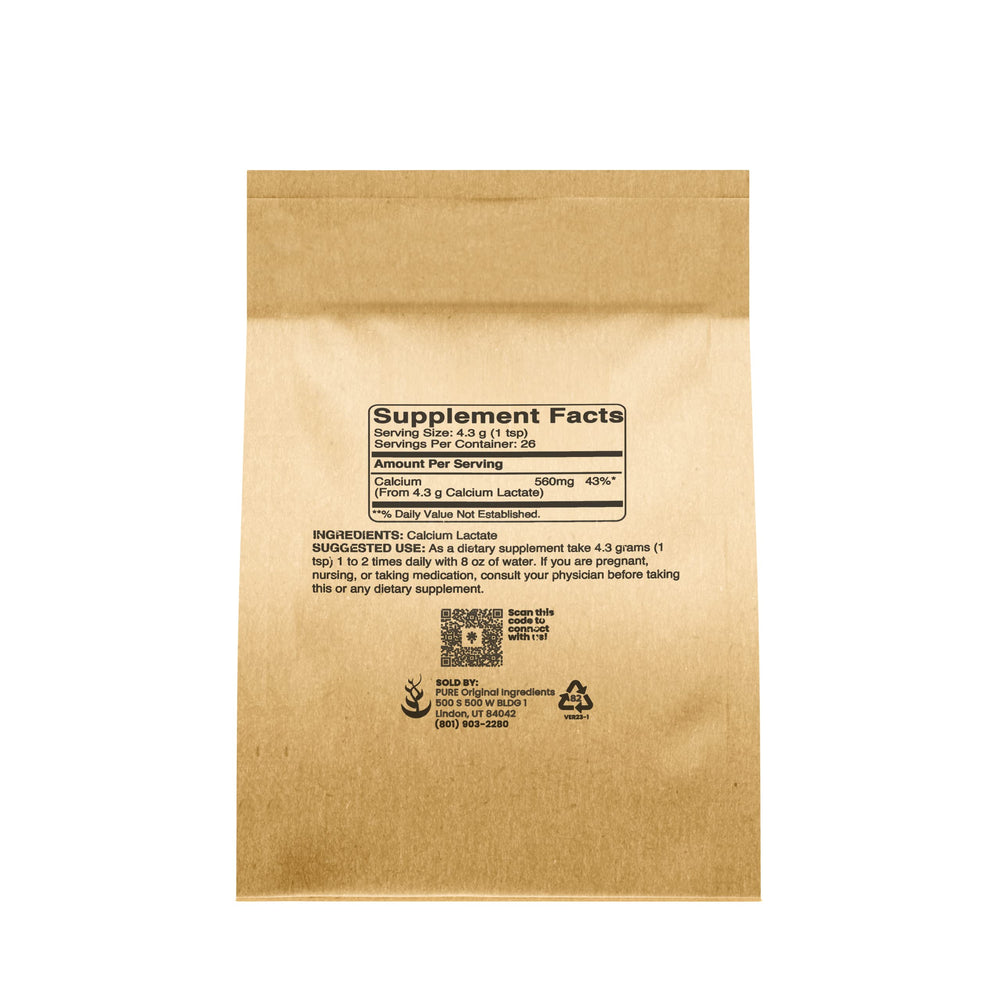 Pure Original Ingredients Calcium Lactate pour demonstrates easy dosing for daily calcium.