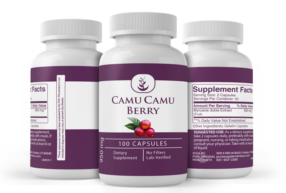 Packaging shot shows Utah-made presentation from Pure Original Ingredients Camu Camu Capsules