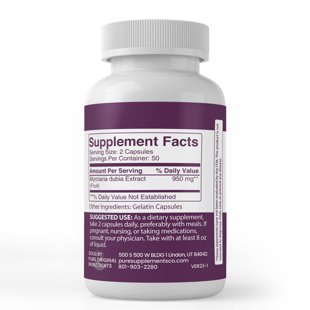 Seal on Pure Original Camu Camu Capsules emphasizes purity and contamination-free packaging