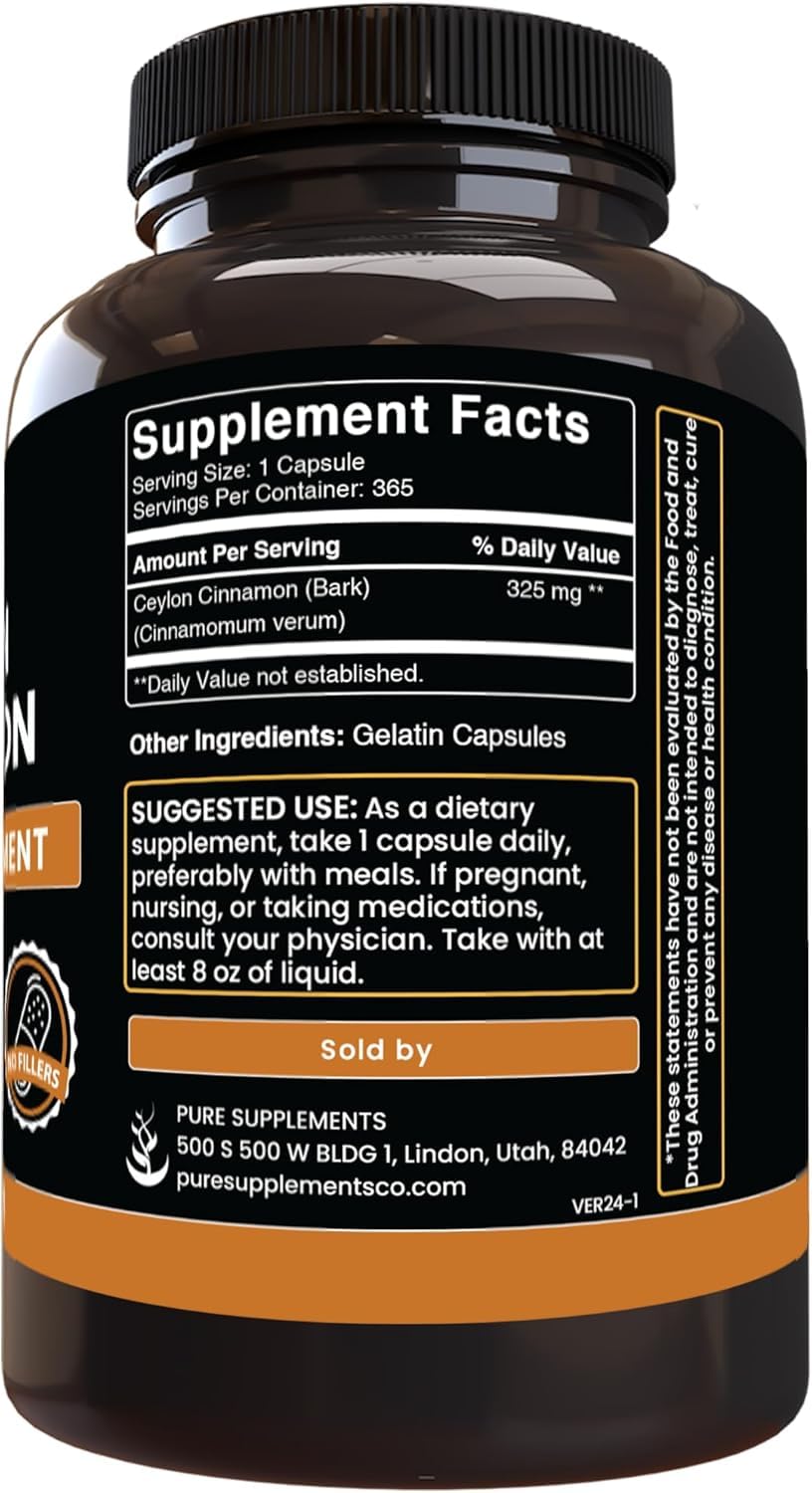 Pure Original Ingredients Ceylon Cinnamon capsules ready for daily intake.