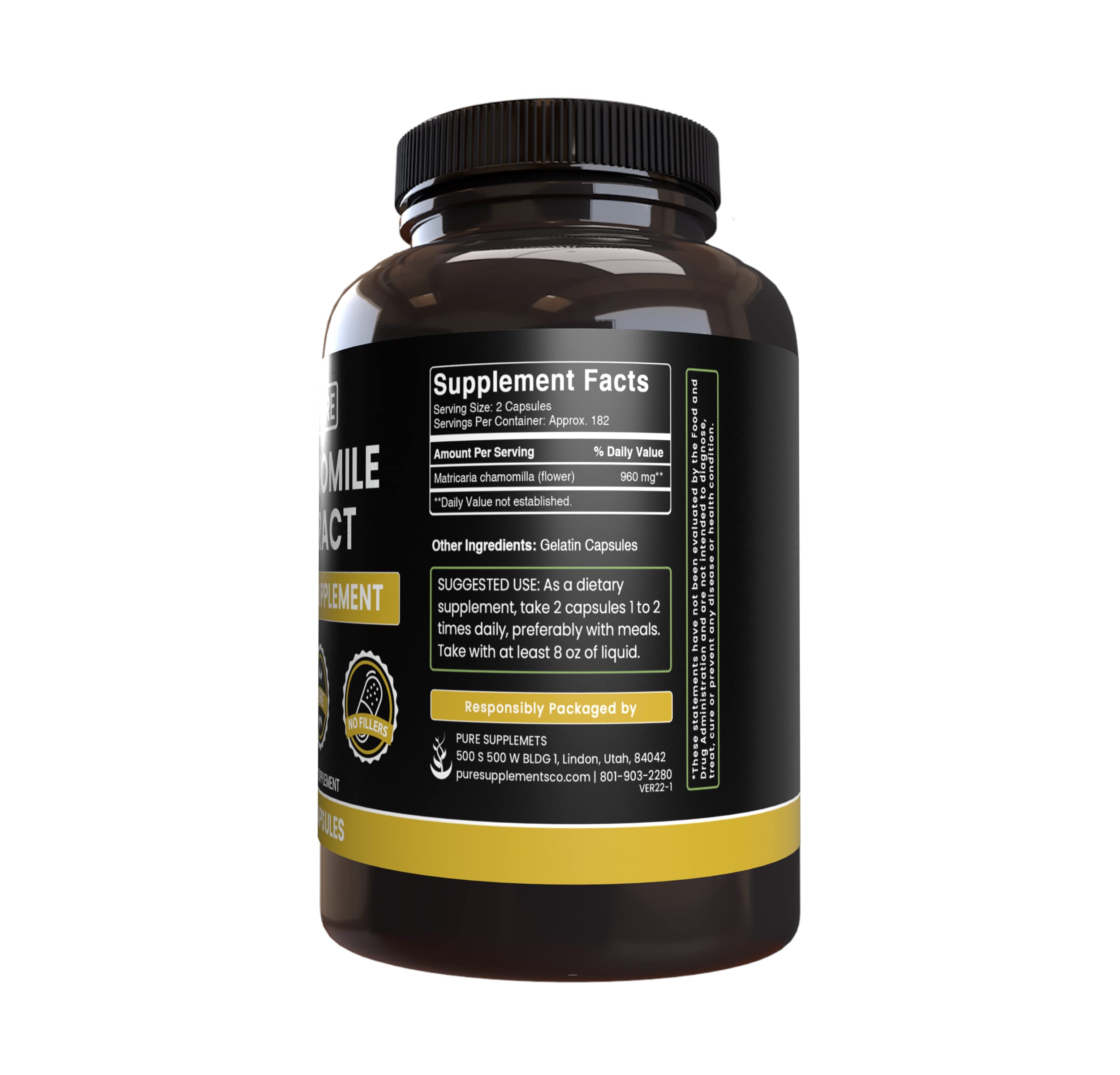 PURE ORIGINAL INGREDIENTS Chamomile Extract label detail, lab verification visible