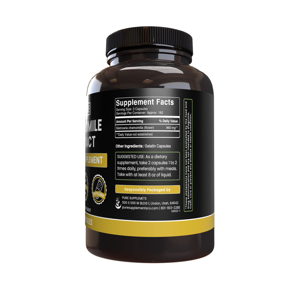 PURE ORIGINAL INGREDIENTS Chamomile Extract label detail, lab verification visible