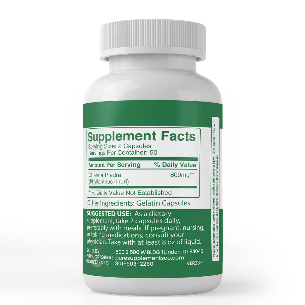 Chanca Piedra label from Pure Original Ingredients highlights purity and absence of additives.