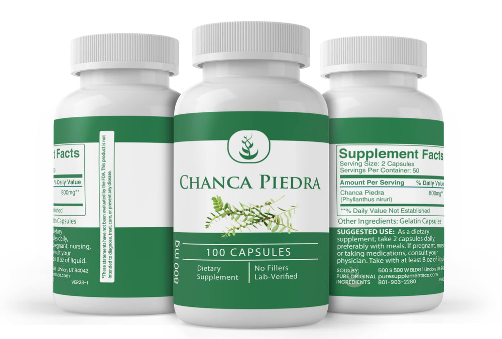 Packaging of Pure Original Ingredients Chanca Piedra from Utah, USA signals local production quality.