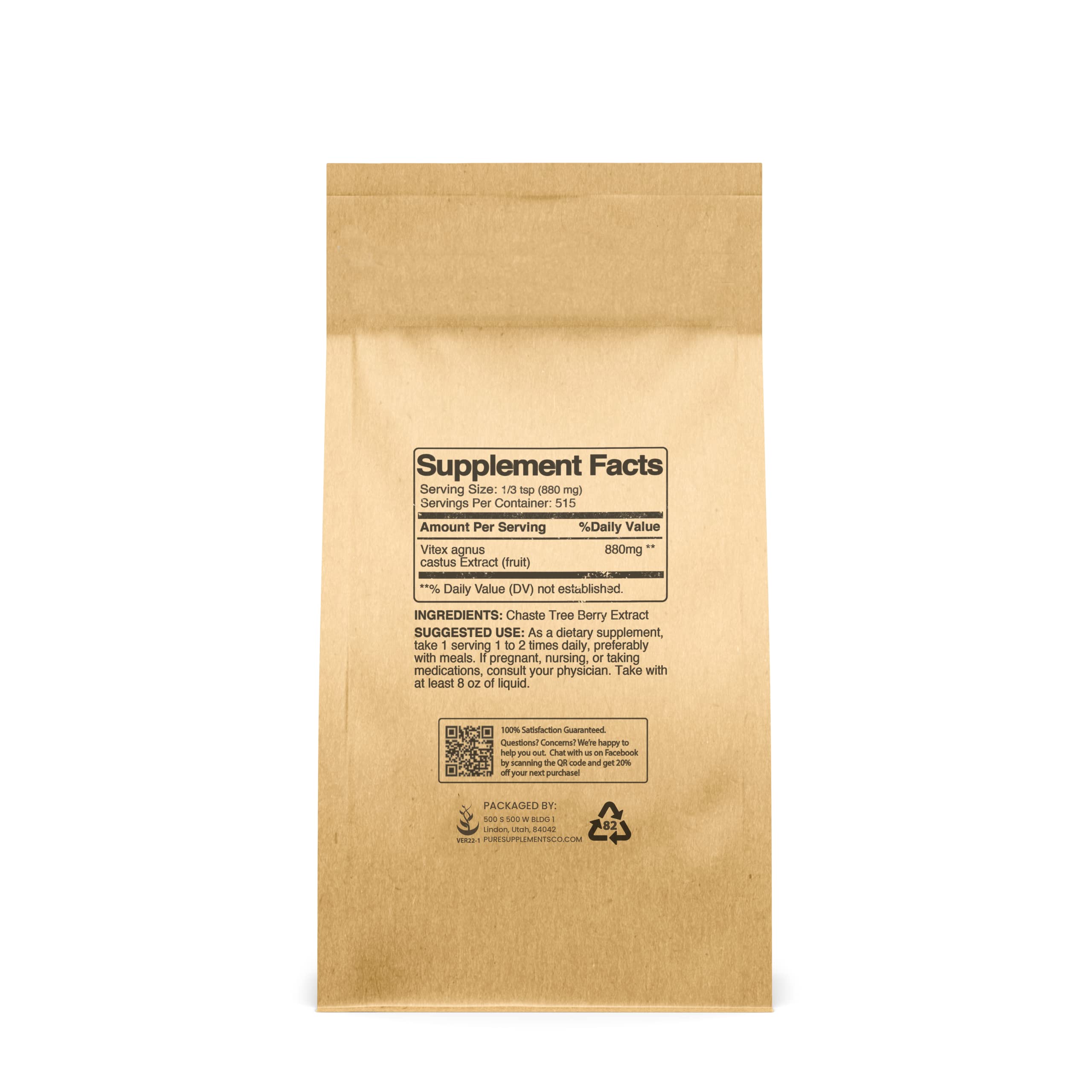 Pure Original Ingredients Chasteberry Extract powder packaging highlights 1 lb of Vitex