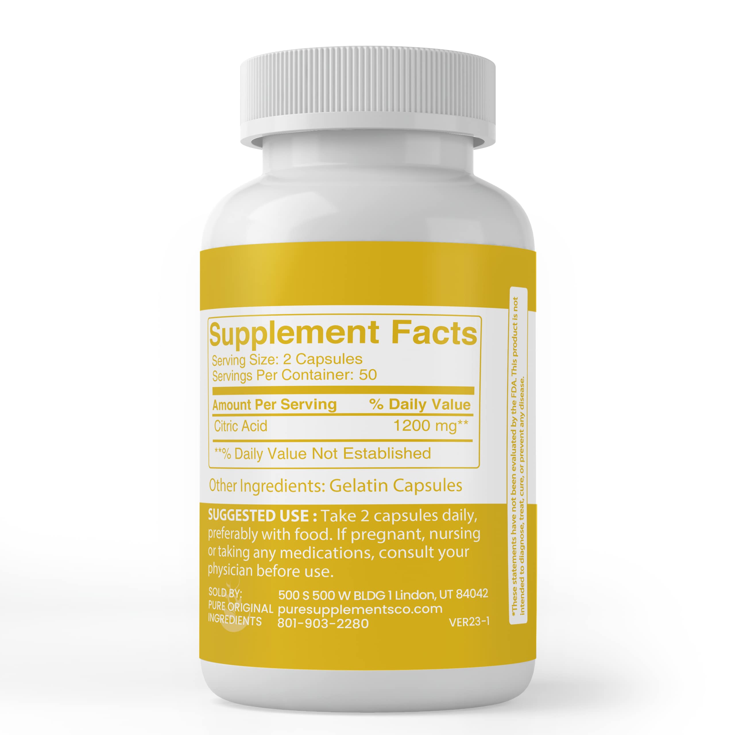 PURE ORIGINAL INGREDIENTS Citric Acid capsules poured from bottle for easy dosing