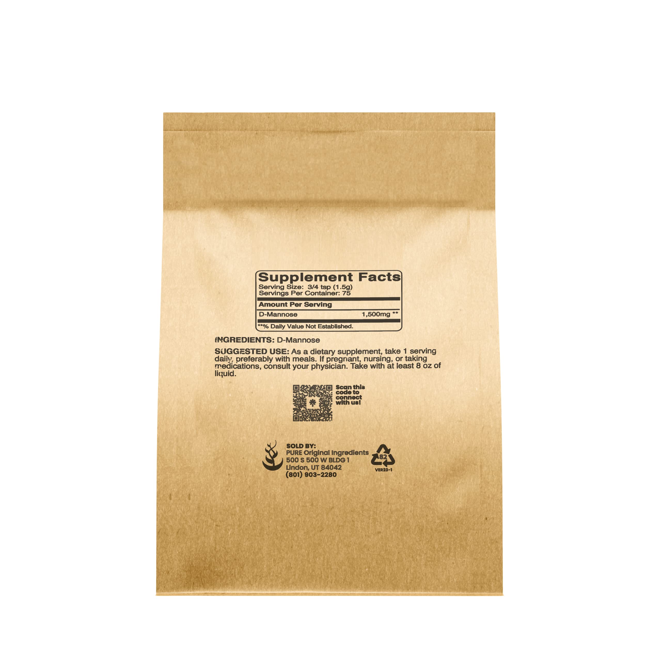 Label close-up showing Pure Original Ingredients and D-Mannose.