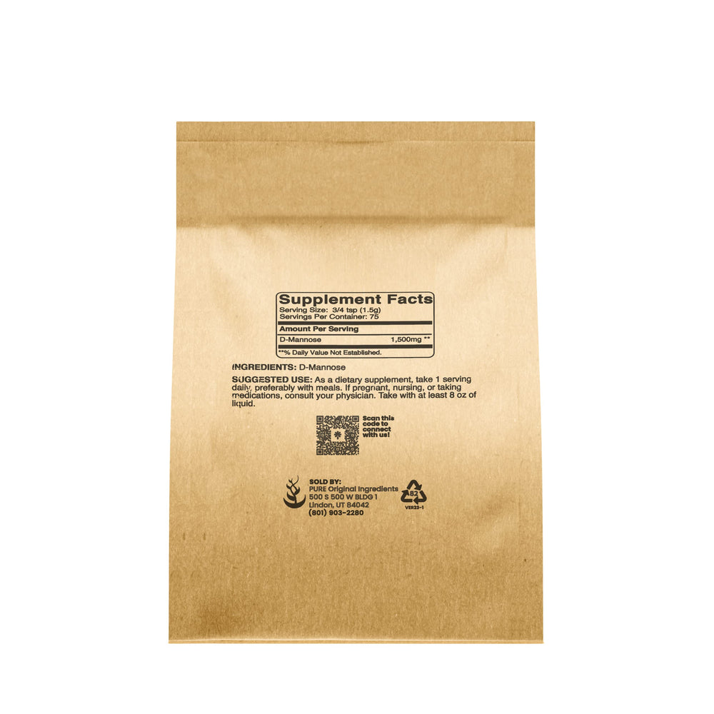 Label close-up showing Pure Original Ingredients and D-Mannose.