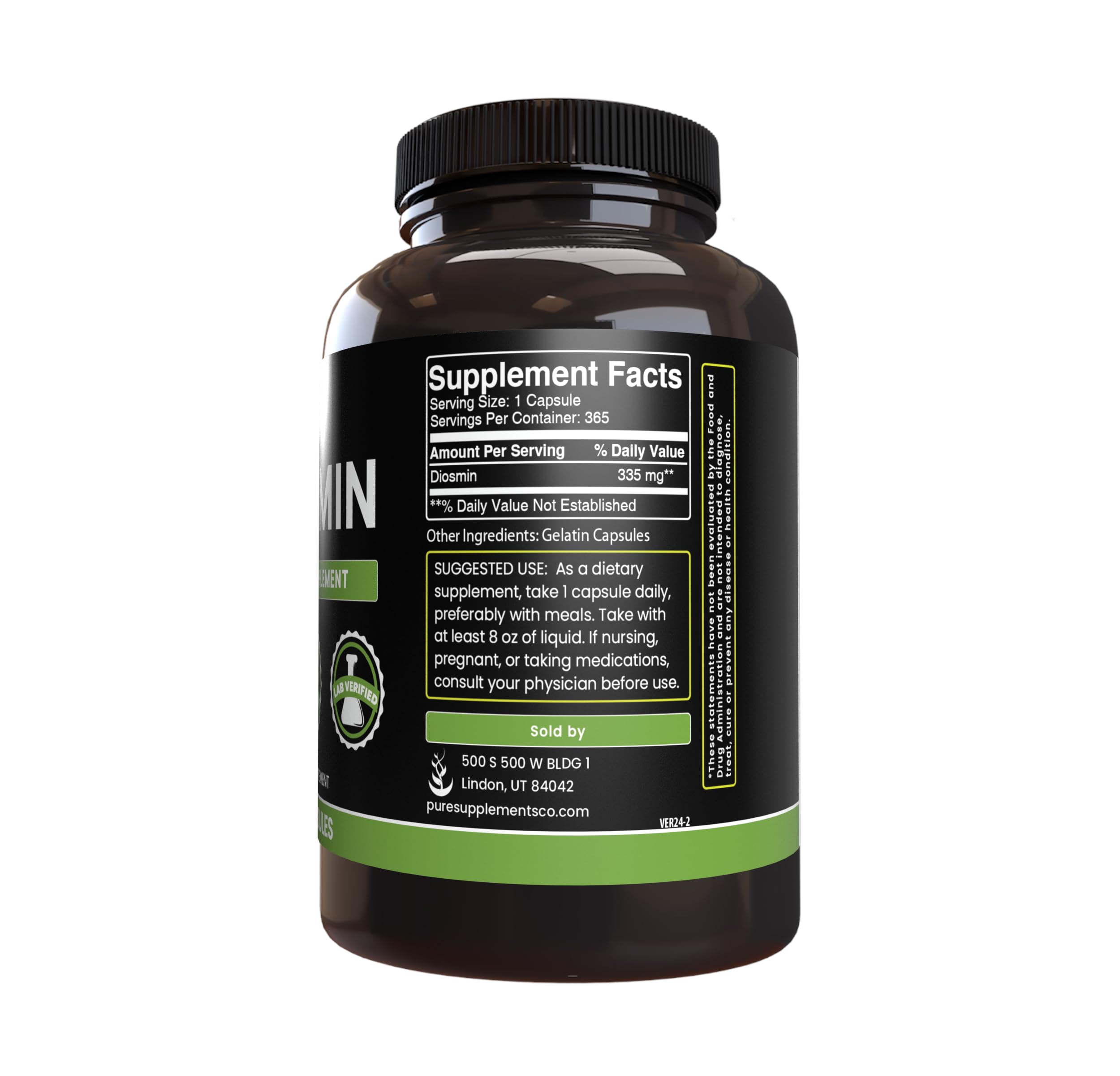 Diosmin label close-up communicates a single-ingredient formula with no fillers.