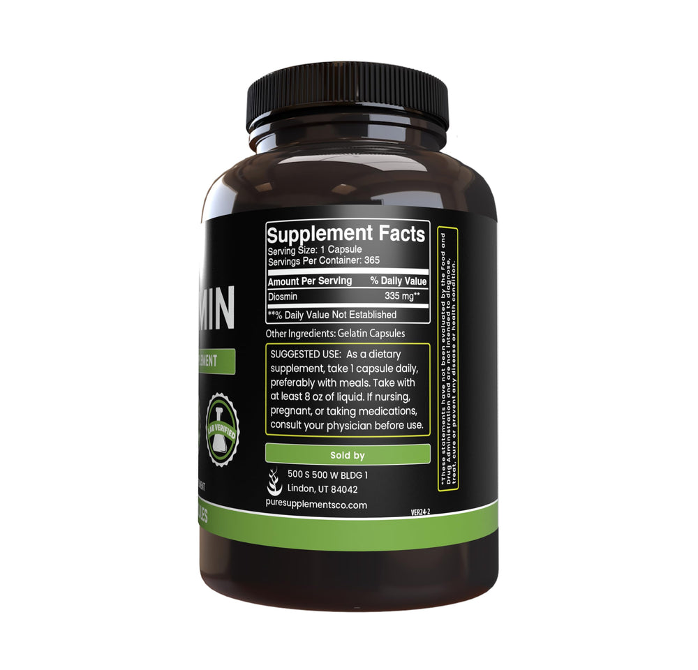 Diosmin label close-up communicates a single-ingredient formula with no fillers.