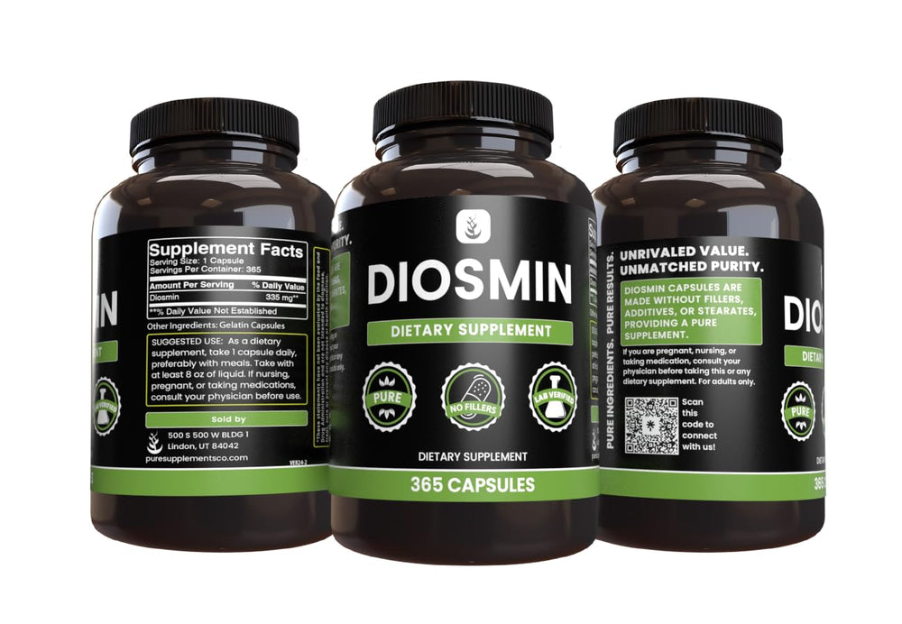Pure Original Ingredients Diosmin capsules poured beside a glass, suggesting simple daily use.