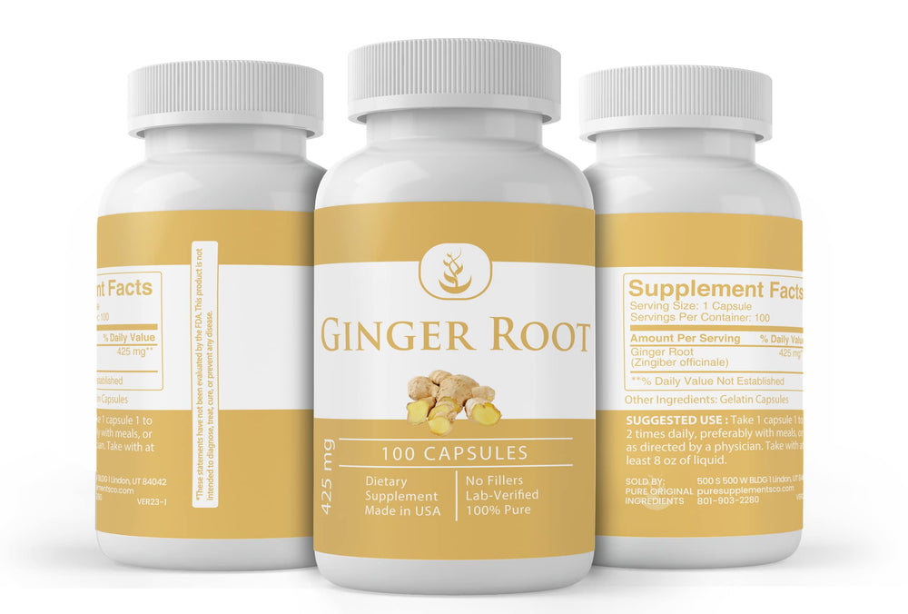 Pure Original Ingredients ginger root capsules pouring into hand