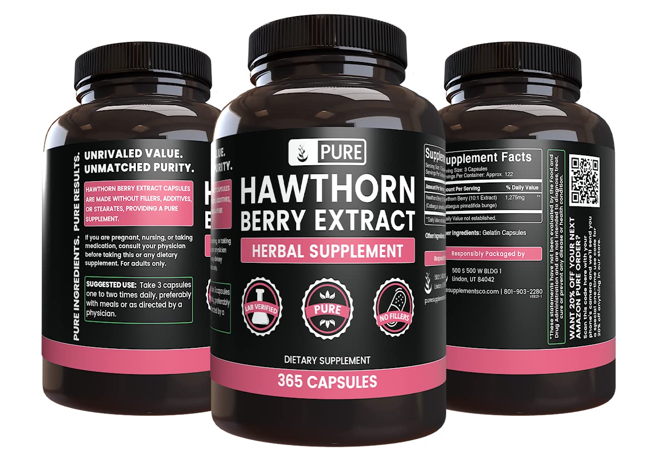 Pure Original Ingredients Hawthorn Berry Extract capsules close-up with 365-count bottle for long-term use.