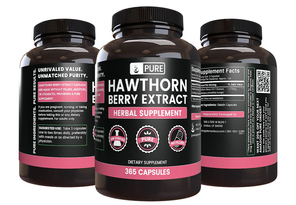 Pure Original Ingredients Hawthorn Berry Extract capsules close-up with 365-count bottle for long-term use.