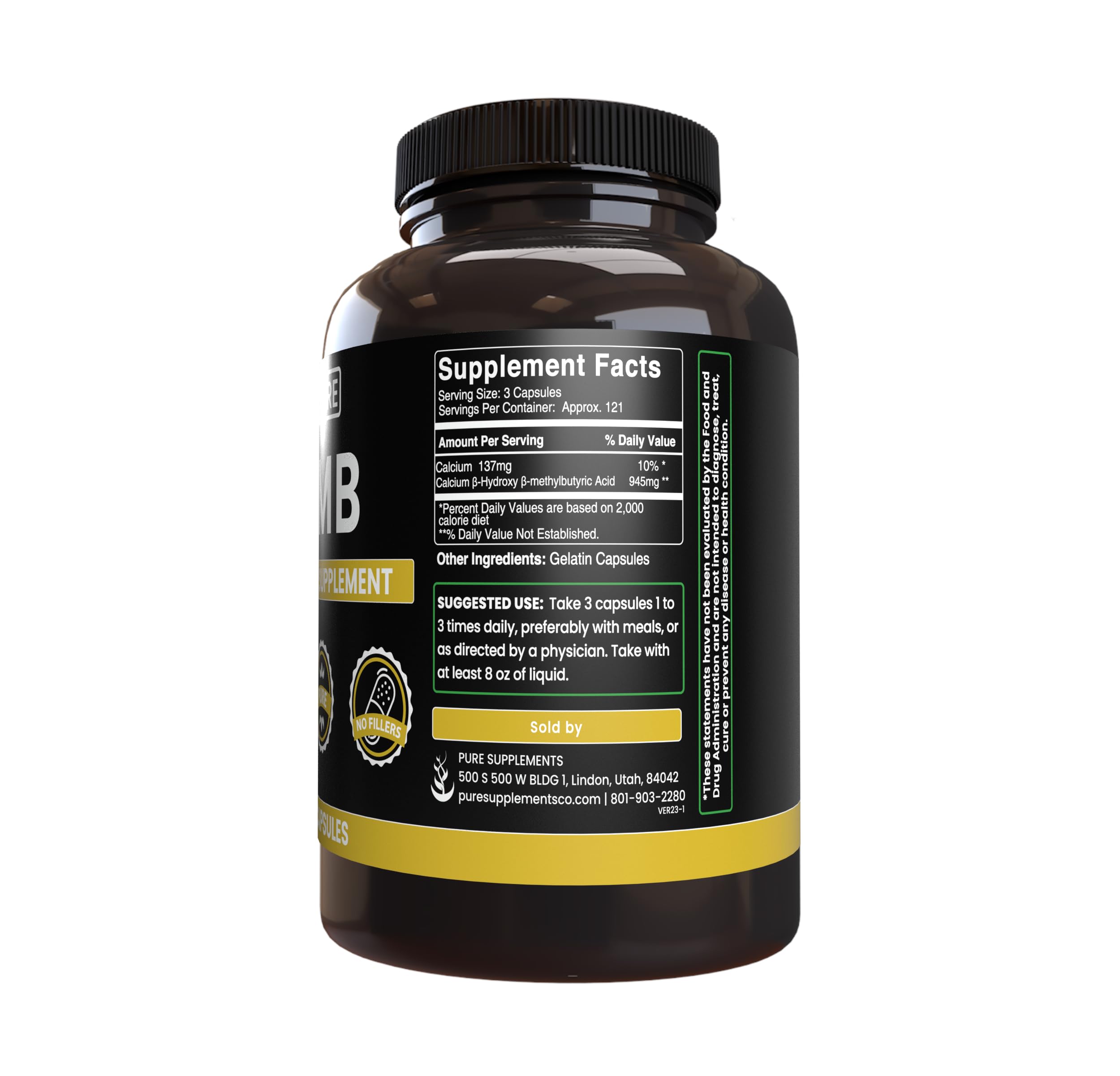 Pure Original Ingredients HMB capsules packaging highlights no fillers.