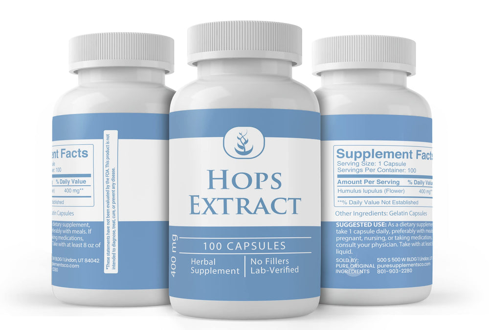 PURE ORIGINAL INGREDIENTS hops extract label closeup reveals ingredients and product details