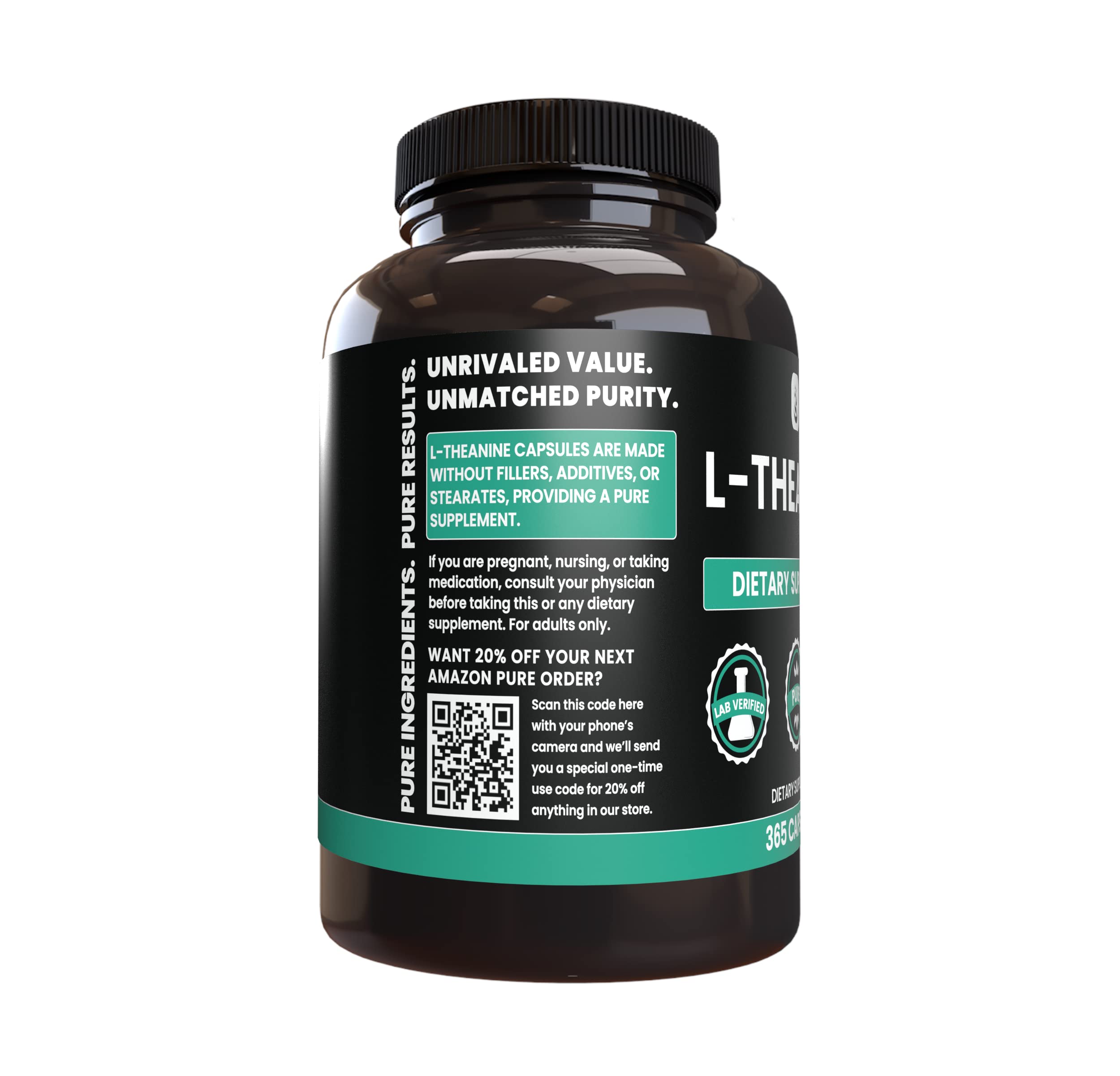PURE ORIGINAL INGREDIENTS L-Theanine capsules closeup shows pure single-ingredient formula.