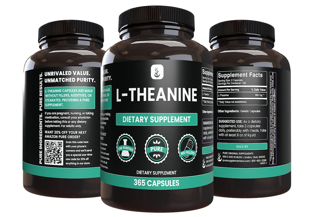 PURE ORIGINAL INGREDIENTS L-Theanine lab-verified seal signals tested purity and quality.