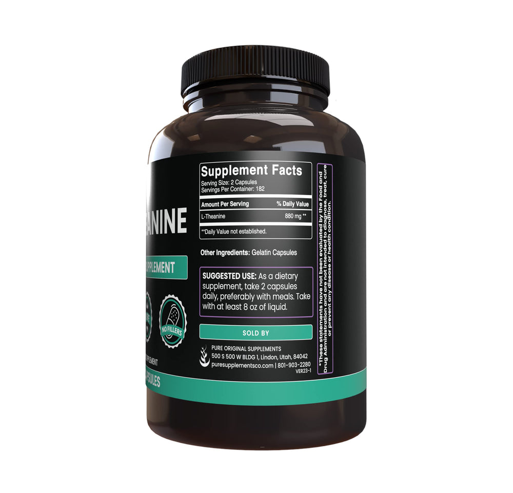 PURE ORIGINAL INGREDIENTS L-Theanine packaging front highlights long supply option.