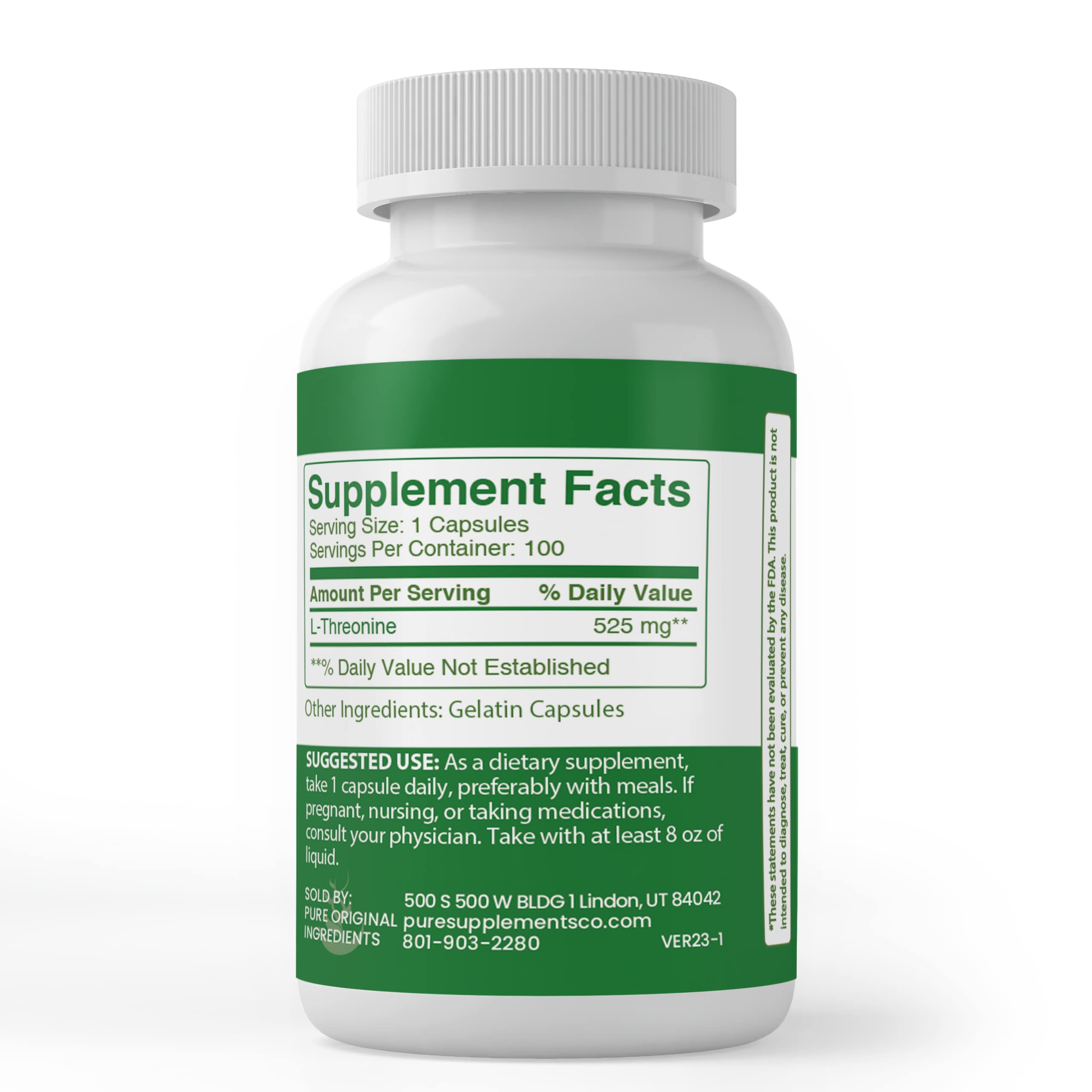 Pure Original Ingredients L-Threonine capsules caps closeup suggests consistent dosing and product quality.