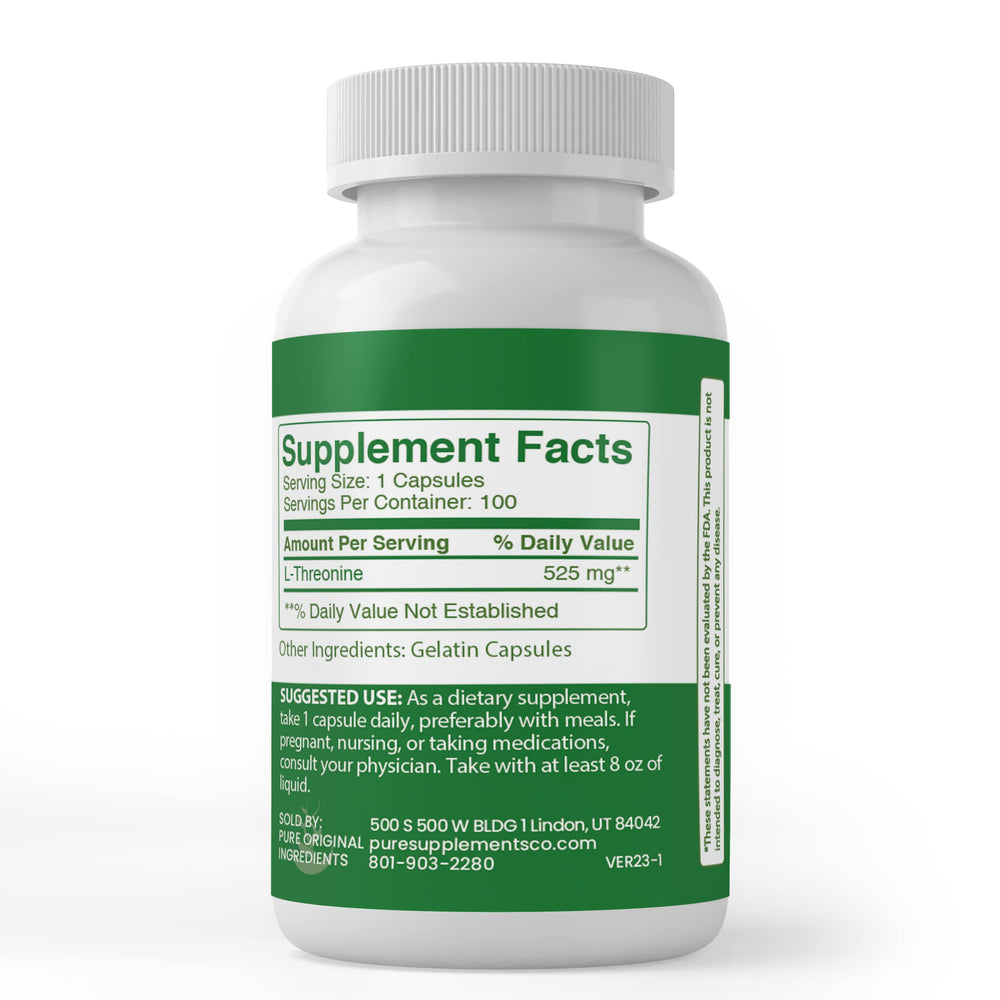 Pure Original Ingredients L-Threonine capsules caps closeup suggests consistent dosing and product quality.