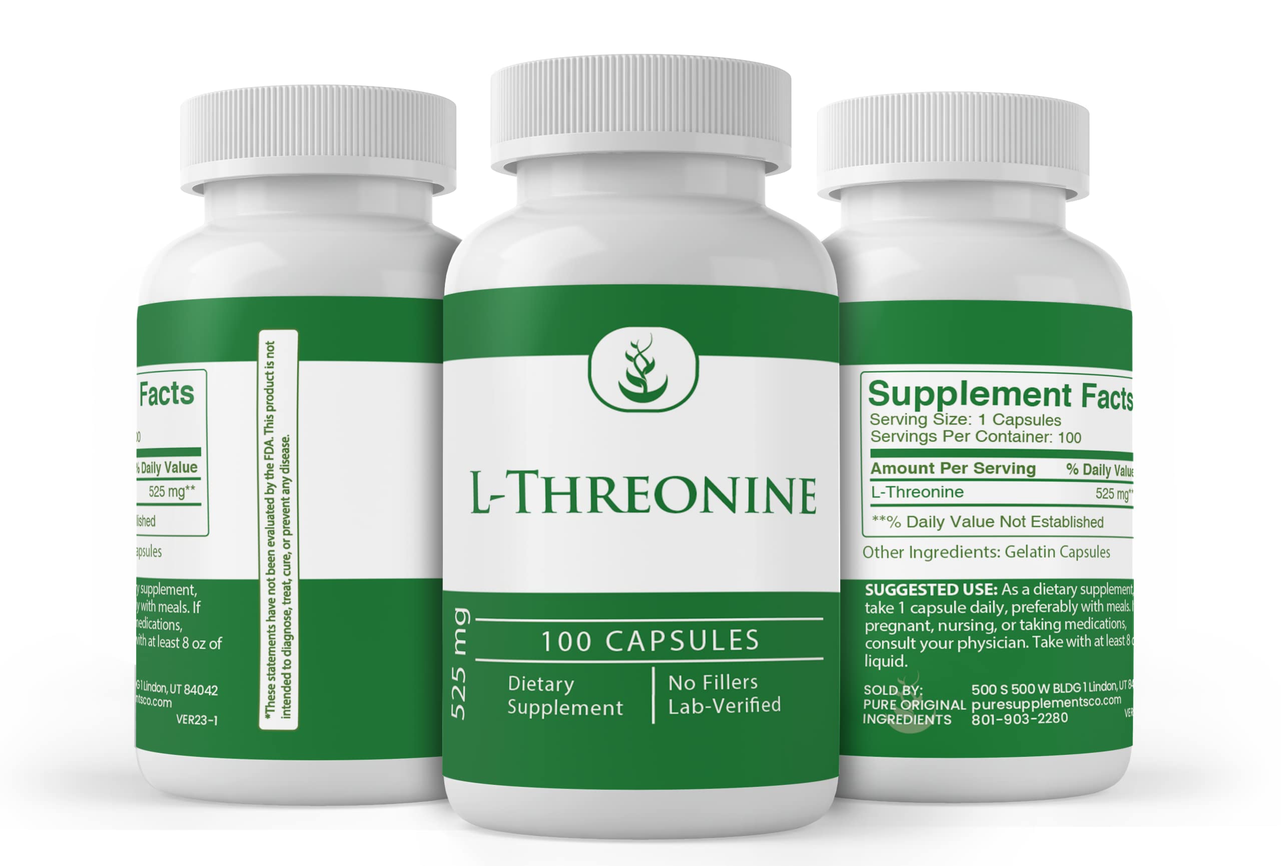 Pure Original Ingredients L-Threonine capsules packaging in the US view signals domestic packaging.