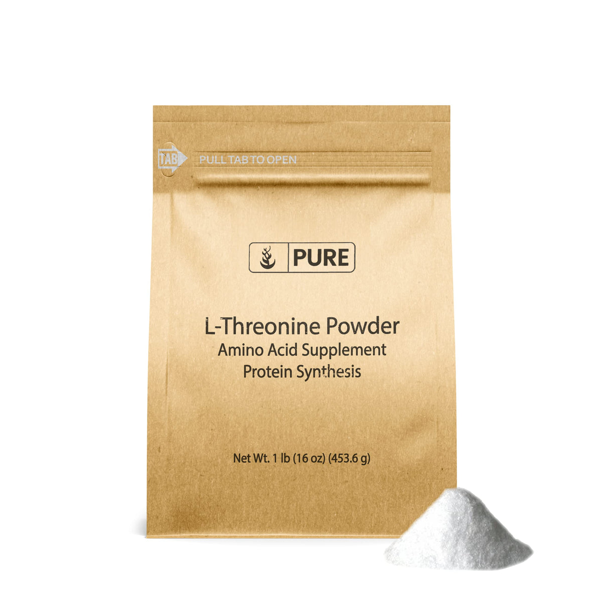 PURE ORIGINAL INGREDIENTS L-Threonine powder bottle shown for purity and easy dosing.