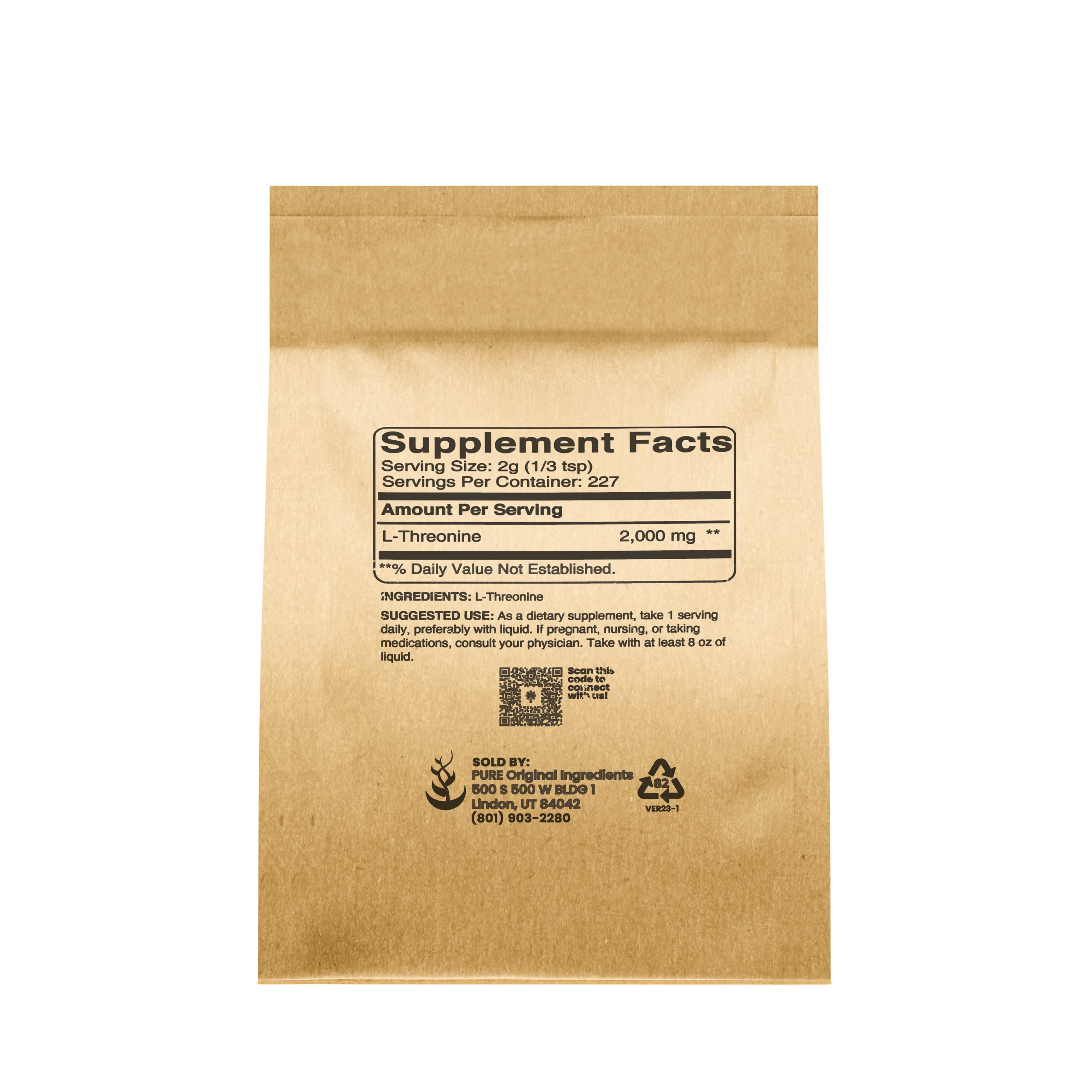 Pure Original Ingredients L-Threonine powder label closeup highlighting single-ingredient purity.