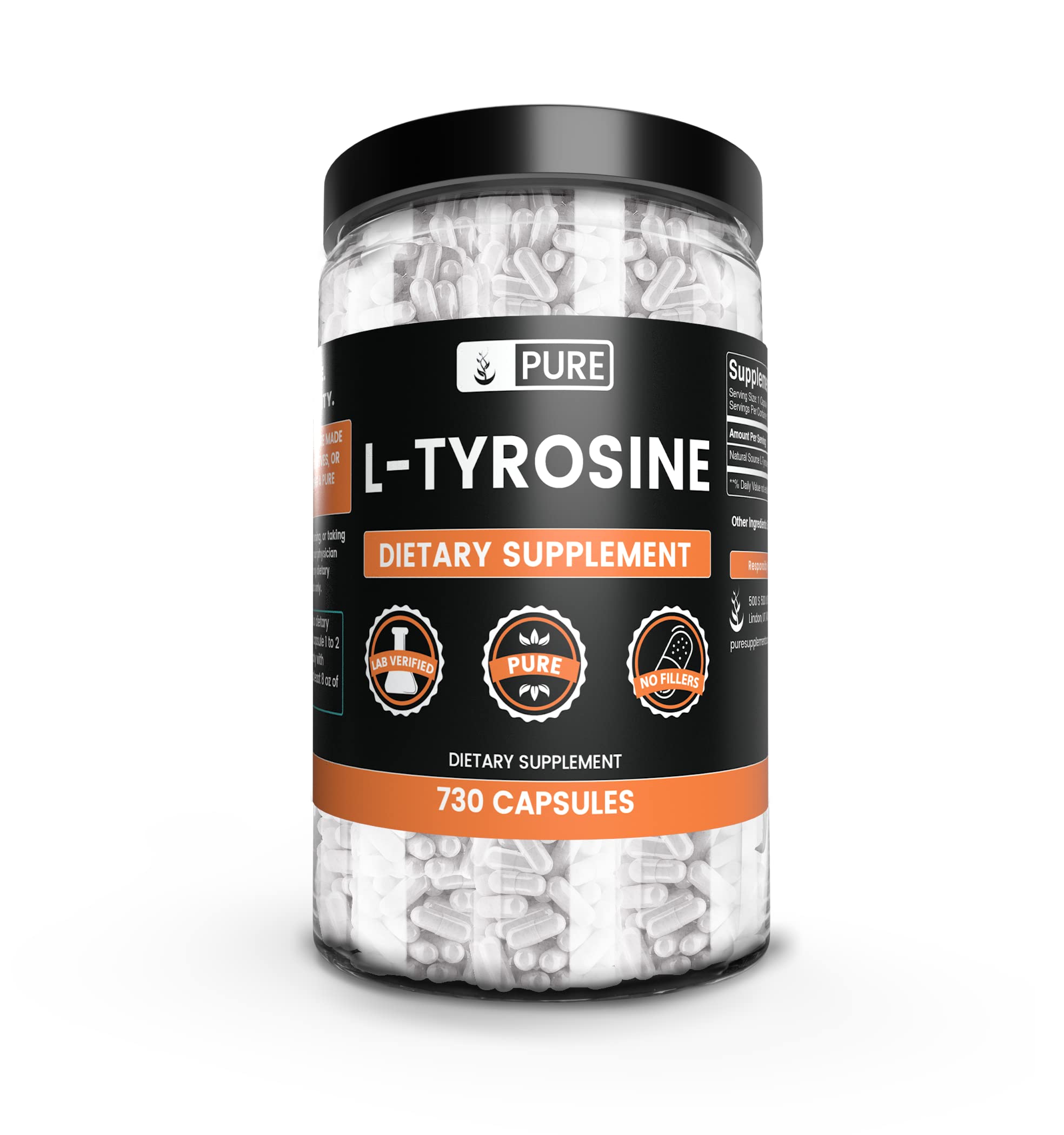 Pure Original Ingredients L-Tyrosine capsules on bottle label for pure daily intake.