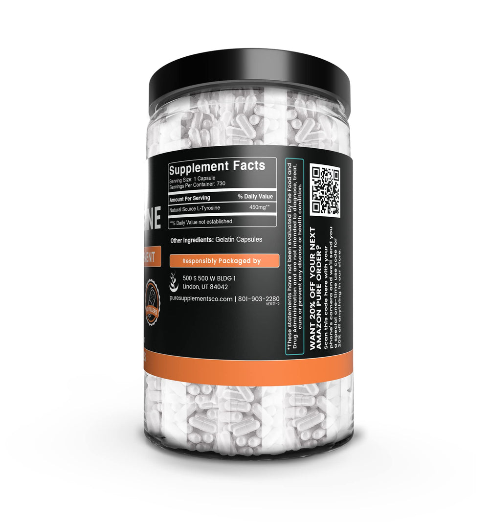 Pure Original Ingredients L-Tyrosine capsules close-up highlights purity and simple daily use.