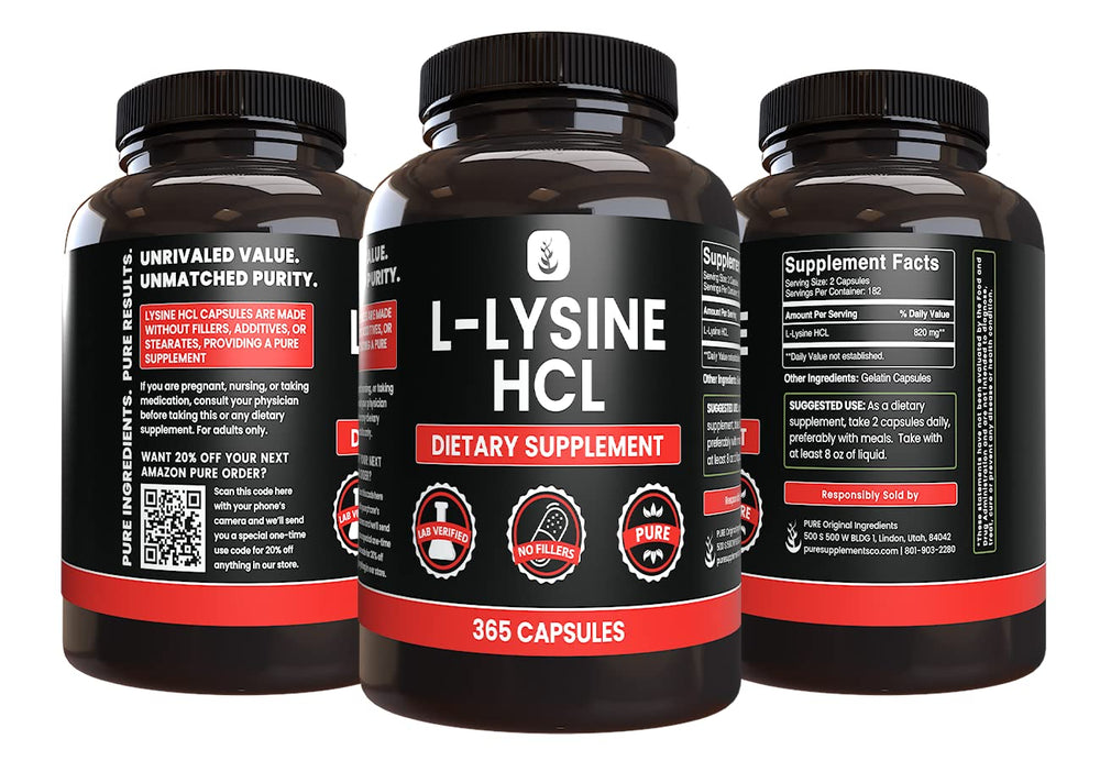 Six-month supply for PURE ORIGINAL INGREDIENTS L-Lysine HCl daily routine.