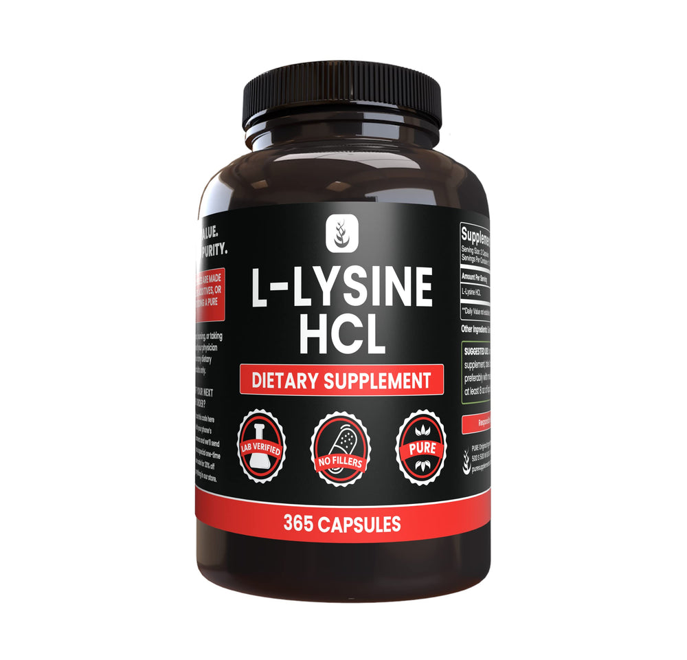 PURE ORIGINAL INGREDIENTS L-Lysine HCl capsules in a bottle for daily support.