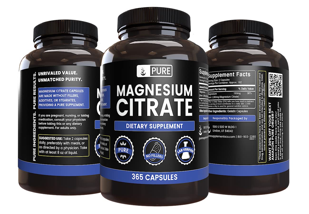 Pure Original Ingredients Magnesium Citrate label highlights a clean, additive-free formula.