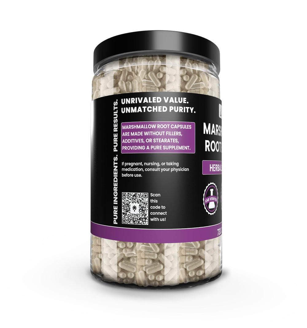 Label close-up on Pure Original Ingredients Marshmallow Root capsules highlighting single-ingredient purity