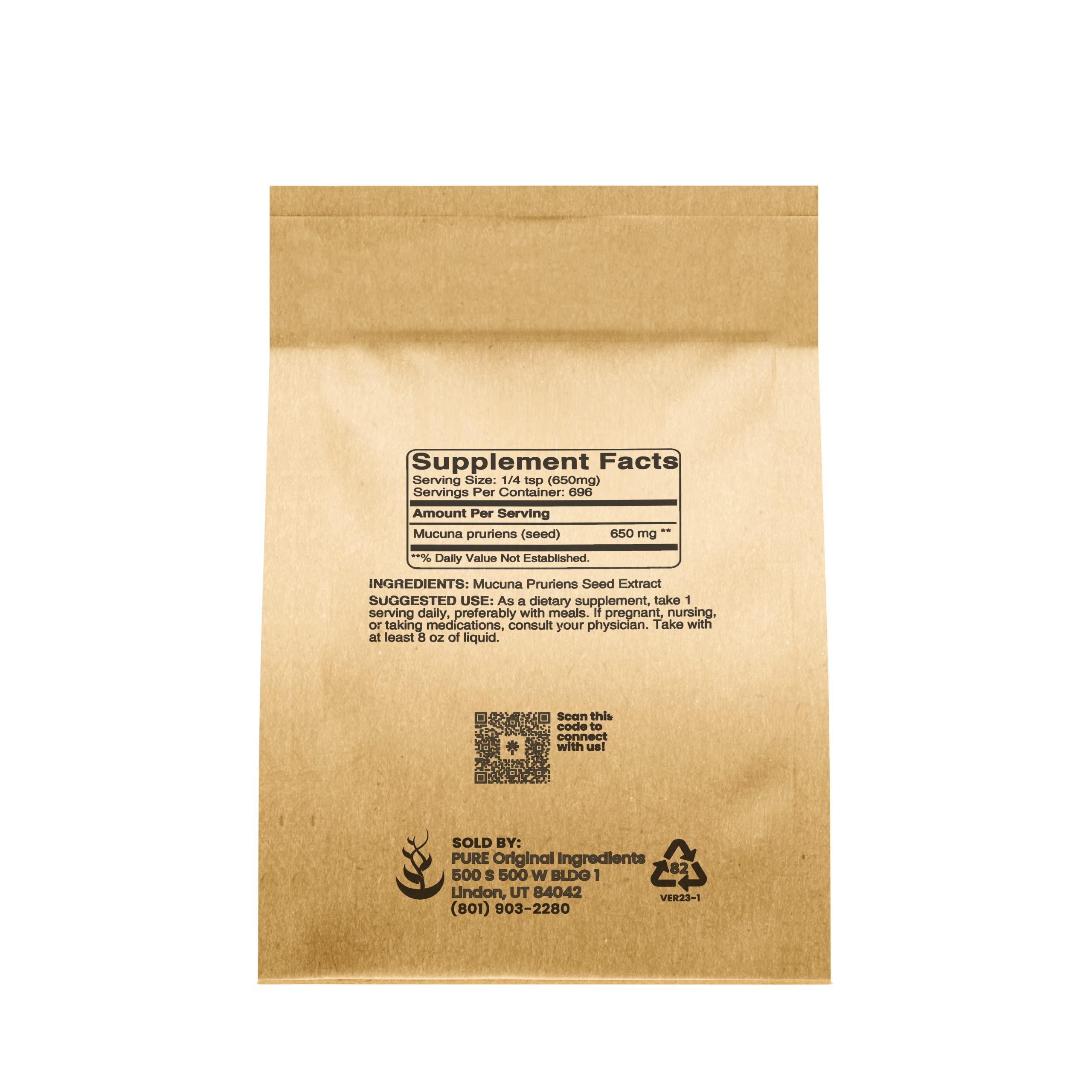 PURE ORIGINAL INGREDIENTS Mucuna Pruriens jar packaging, non-GMO and gluten-free.