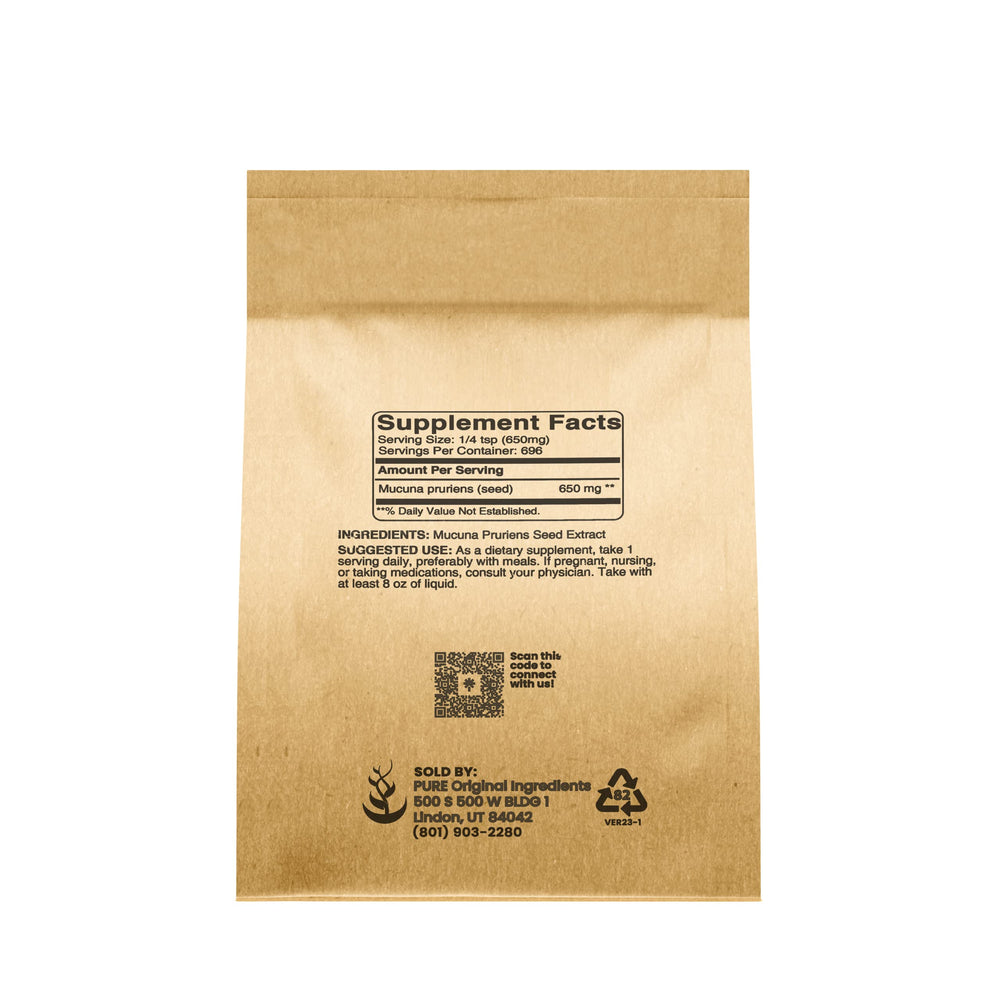 PURE ORIGINAL INGREDIENTS Mucuna Pruriens jar packaging, non-GMO and gluten-free.