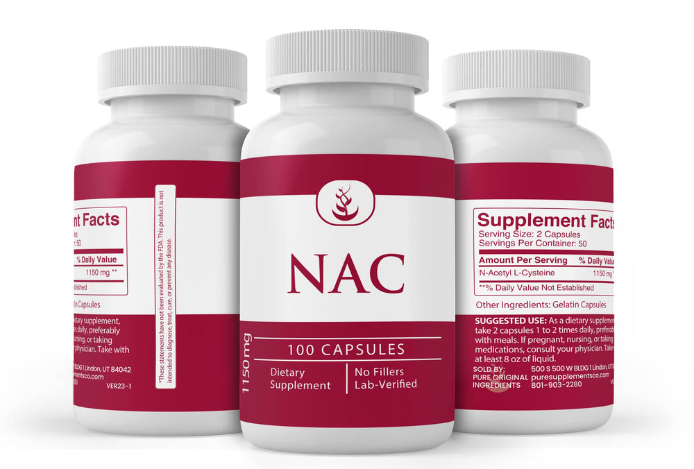 PURE ORIGINAL INGREDIENTS NAC capsules in a glass dish suggesting daily use
