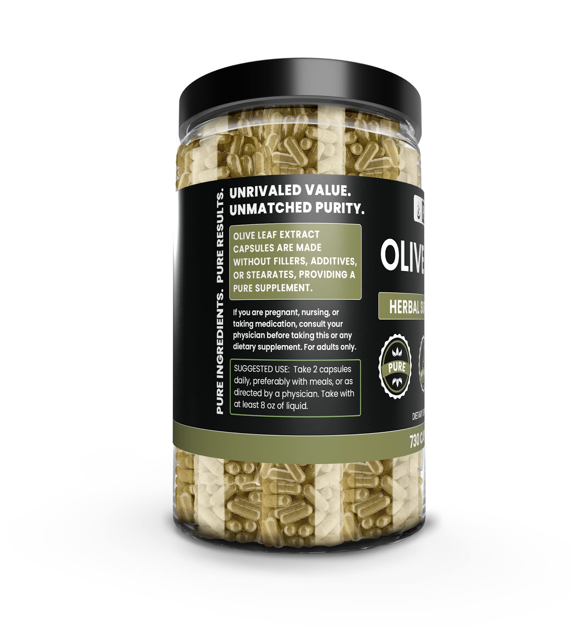Pure Original Ingredients Olive Leaf bottle closeup highlights pure capsule design for convenience