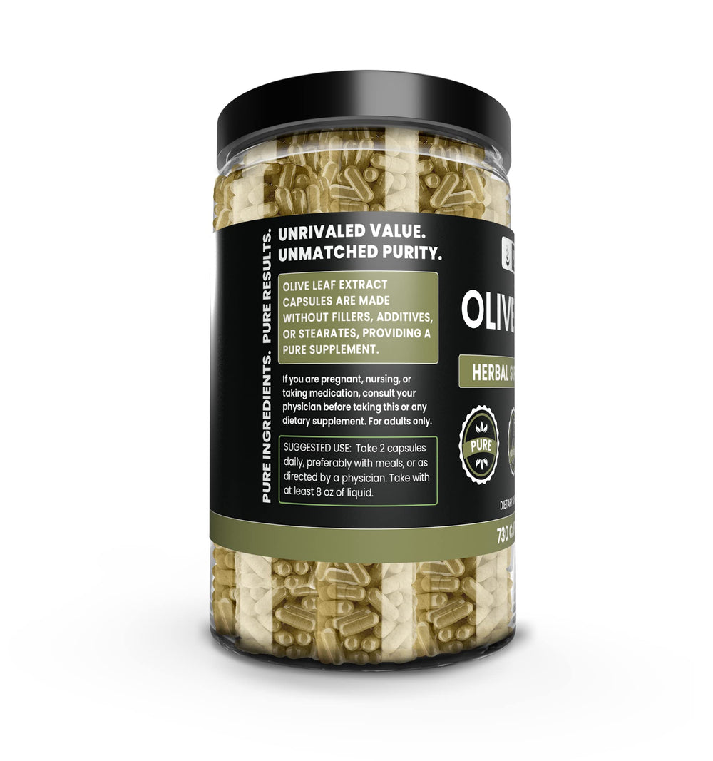 Pure Original Ingredients Olive Leaf bottle closeup highlights pure capsule design for convenience