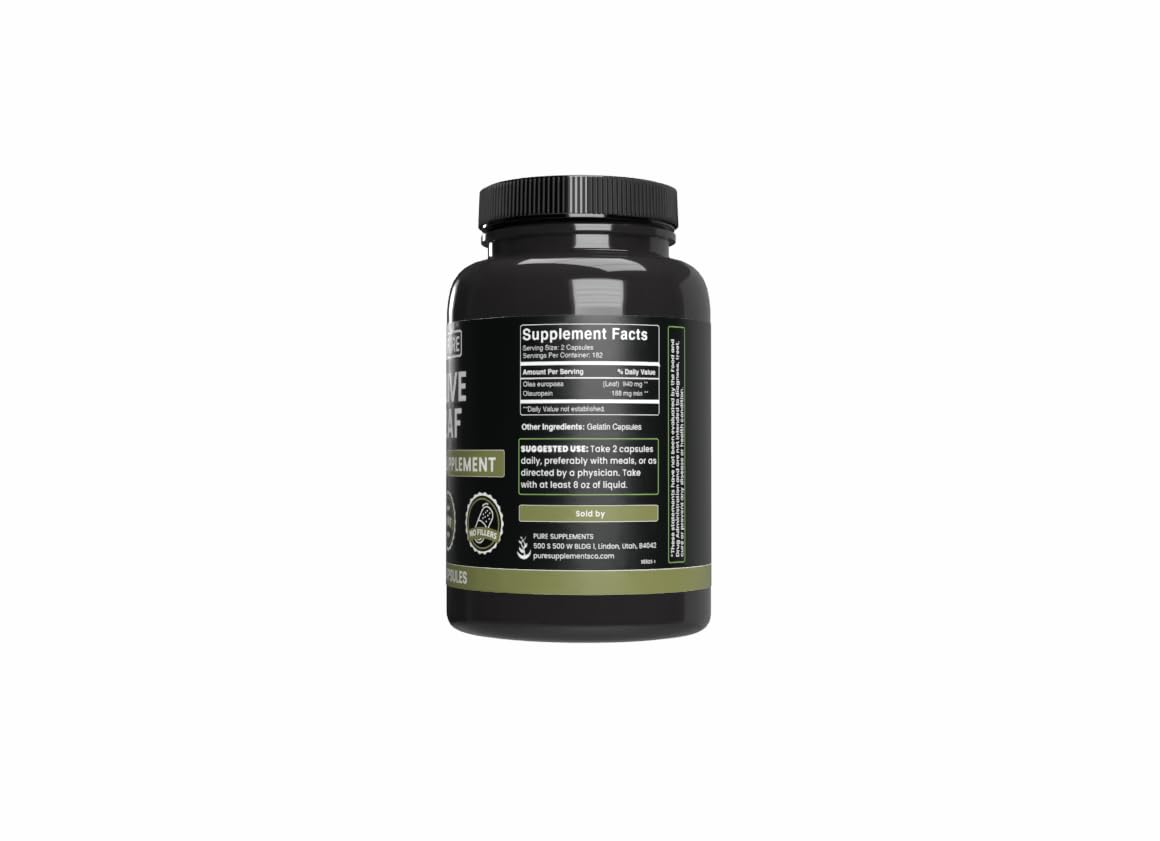 Closeup of Pure Original Ingredients Olive Leaf capsules highlighting a single-ingredient formula for clean daily support.