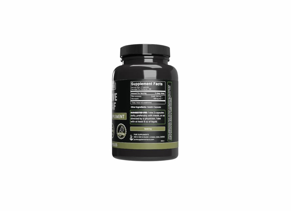 Closeup of Pure Original Ingredients Olive Leaf capsules highlighting a single-ingredient formula for clean daily support.
