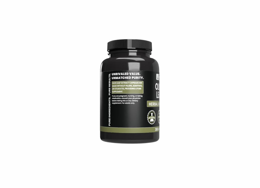 Pure Original Ingredients Olive Leaf label featuring lab verification and absence of additives.