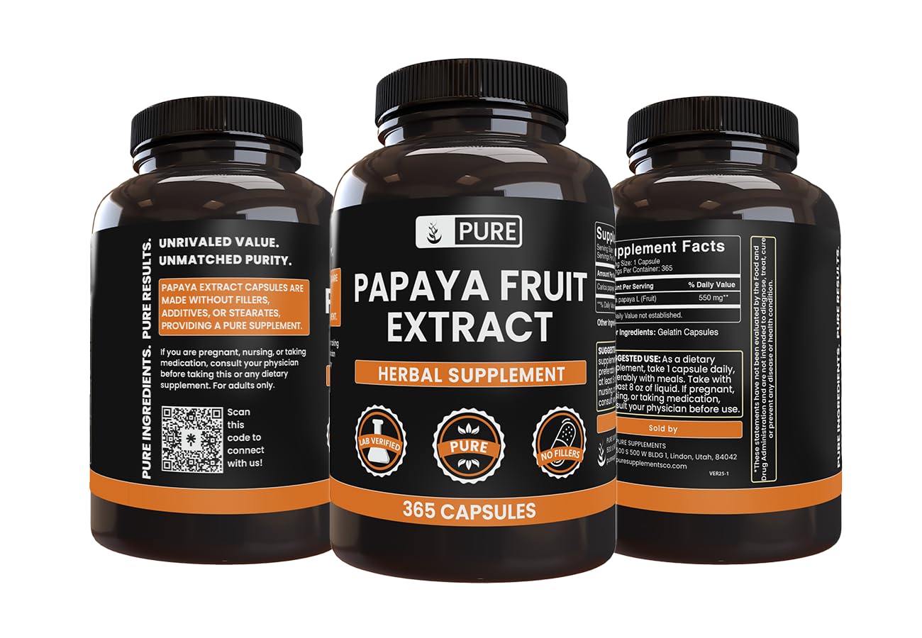 PURE ORIGINAL INGREDIENTS Papaya Extract label close-up emphasizing purity of ingredients