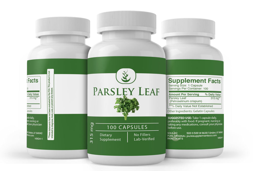 Pure Original Ingredients Parsley capsules packaging, 25-day supply and additive-free design