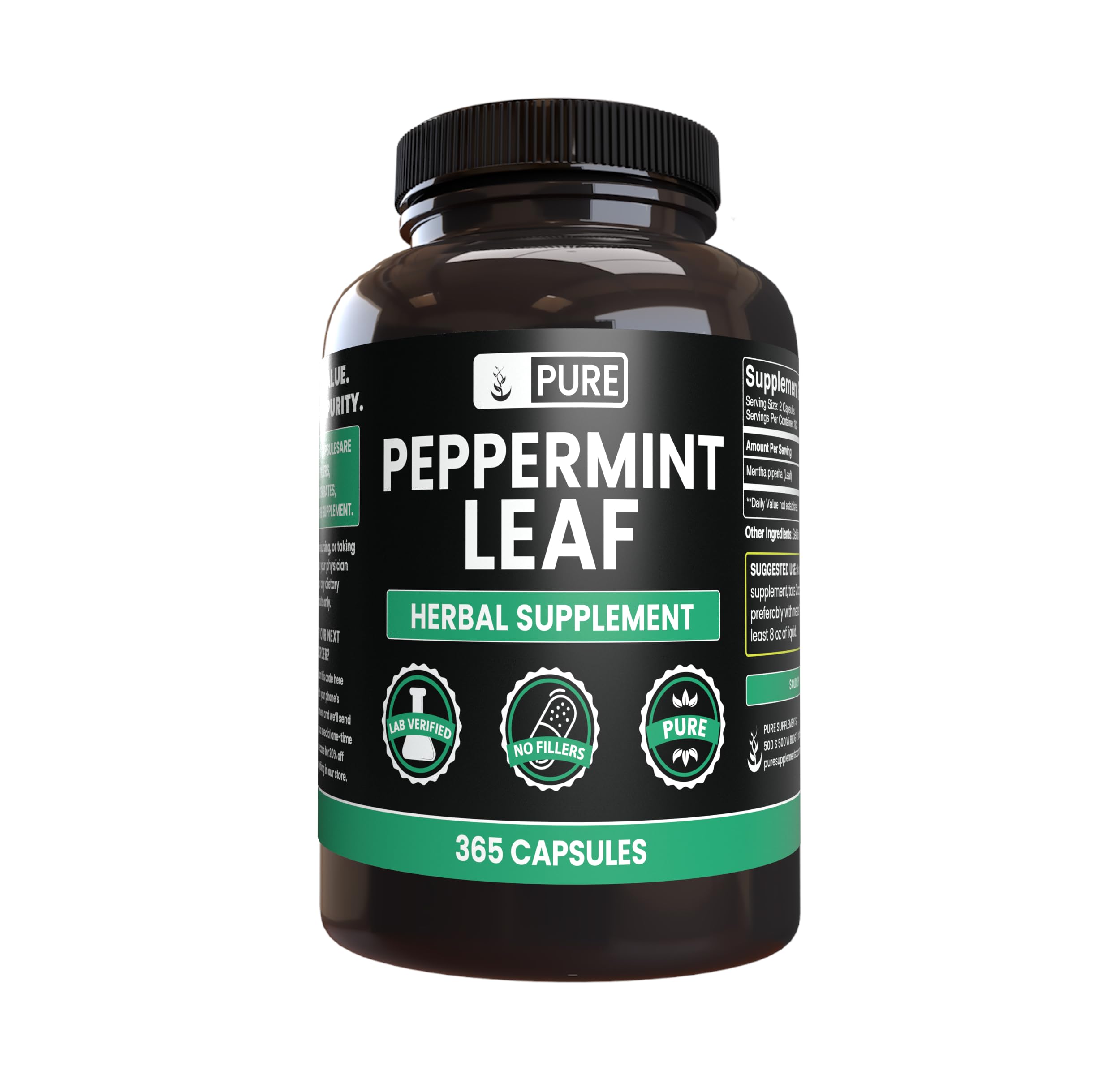 Pure Original Ingredients Peppermint Leaf capsules bottle front highlights purity for daily use.