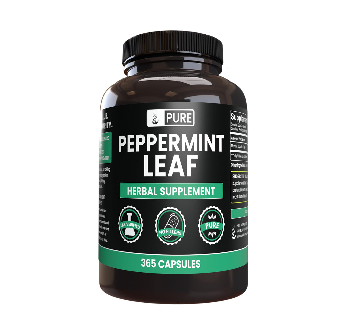Pure Original Ingredients Peppermint Leaf capsules bottle front highlights purity for daily use.